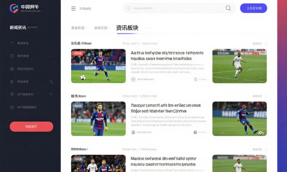 现代风格的新闻资讯板块界面，展示足球赛事新闻头条和图片，风格简洁明快